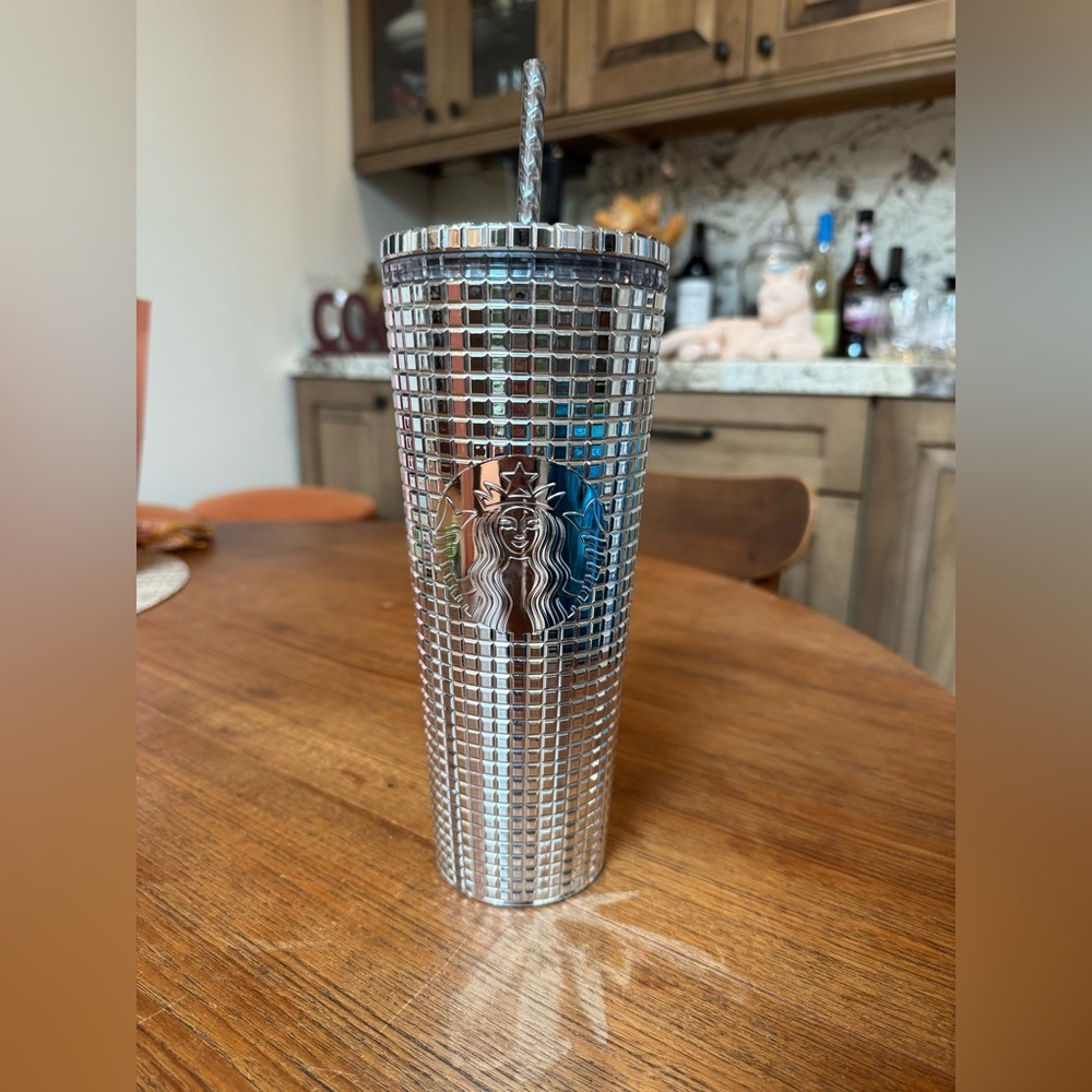 Starbucks Metallic Silver Grid Tumbler